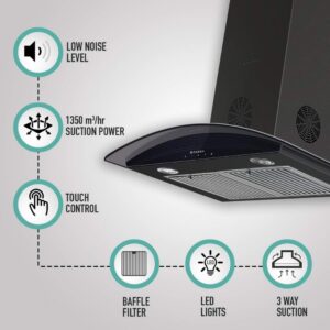 Faber 60 cm 1350 m³/HR Curved Glass Kitchen Chimney (Hood FEEL 3D PLUS MAX T2S2 BK TC 60, 2 Baffle Filters, Touch Control, Black)
