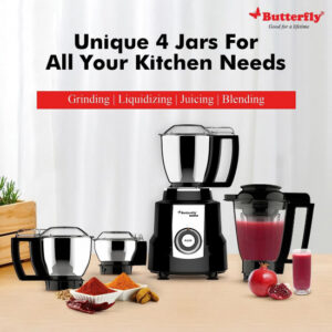 Butterfly Magnum 1.2 Hp Mixer Grinder 4 Jar, 900 Watt, Black
