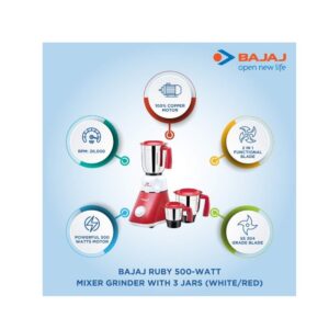Bajaj Ruby 500-Watt Mixer Grinder with 3 Jars (White/Red)