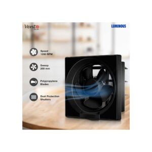 Luminous Vento Deluxe 250 mm Exhaust Fan for Kitchen (Cut-out Size – Sq 293 x 293 mm, Black)
