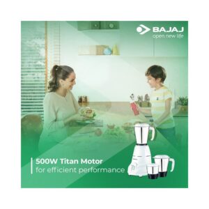 Bajaj Rex 500W Mixer Grinder with Nutri-Pro Feature, 3 Jars, White