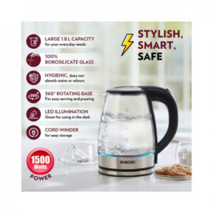 Borosil Electric Glass Kettle, Borosilicate Glass, Extra Long Cord, Dry-boil Protection, 360° Rotating Base, 1.8 L, Transparent