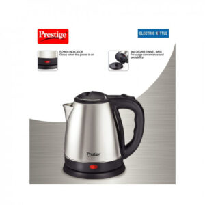 Prestige 1.5 Litres Electric Kettle (PKOSS 1.5)|1500W | Silver – Black| Automatic Cut-off | Stainless Steel | Rotatable Base | Power Indicator | Single-Touch Lid Locking