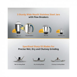 V-Guard AG 754 750 Watt Juicer Mixer Grinder, Blue & Black / 4 Jars (3 Stainless Steel Jars + 1 Juicer Jar) / Shock-Proof ABS Body/Stable Anti-Skid Base/Overload Protection