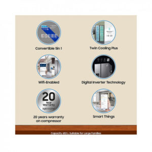 Samsung 653 L Frost Free Convertible 5In1 Digital Inverter Wi-Fi Enabled Side by Side Refrigerator (RS76CG8003S9HL, Refined Inox)